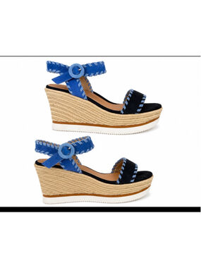 Van Eli Blue Black Suede Espadrille Wedge Sandals Ankle Strap Platform Shoes